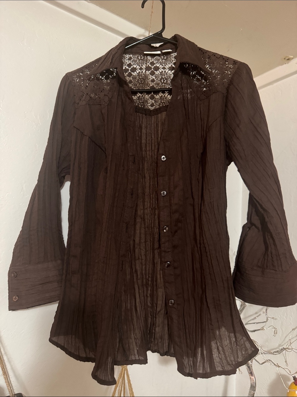 Cato Chocolate Brown Lace-Yoke Button-Down Shirt